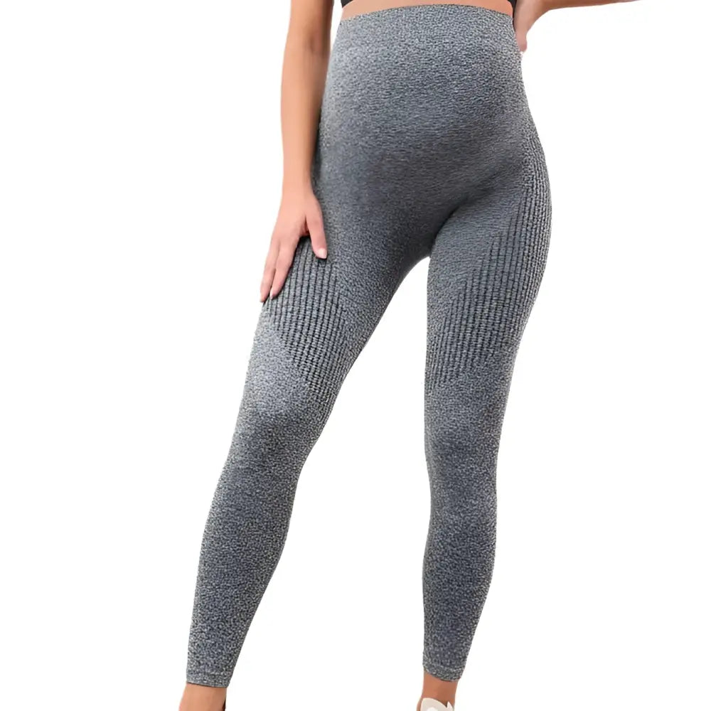 High-waisted gray heathered ribbed maternity leggings with snug belly support high for pregnancy comfort