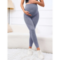 High-waisted gray ribbed maternity leggings with textured fabric and belly support high for pregnancy comfort