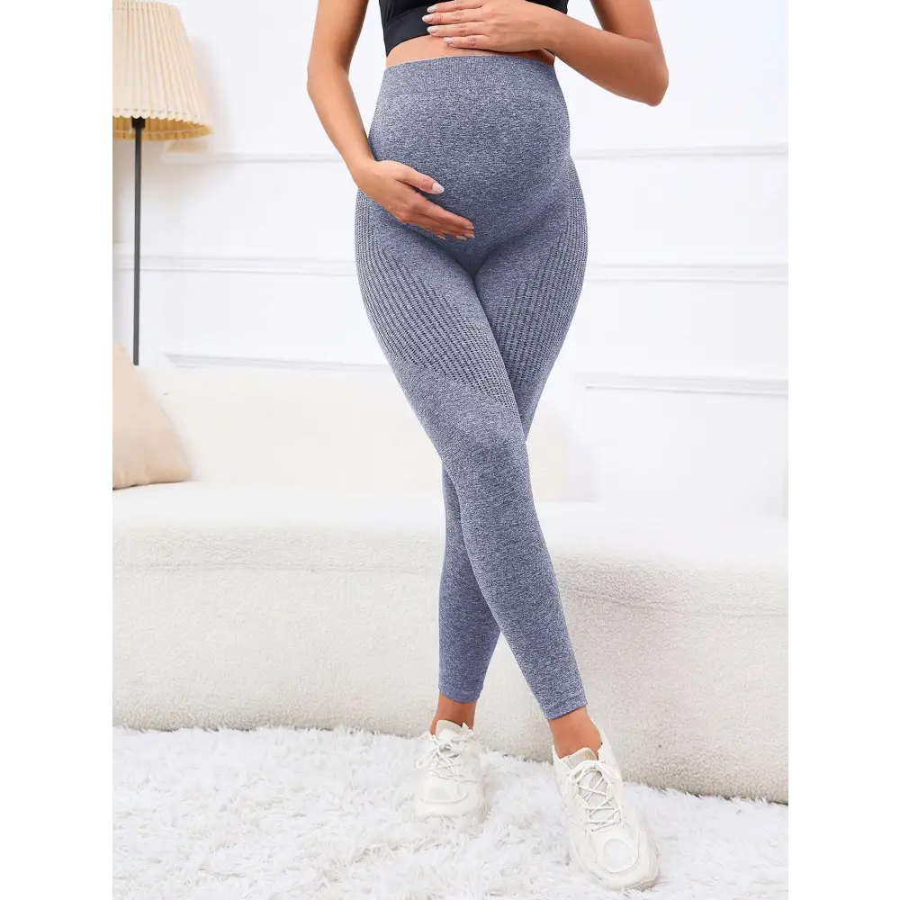High-waisted gray ribbed maternity leggings with textured fabric and belly support high for pregnancy comfort