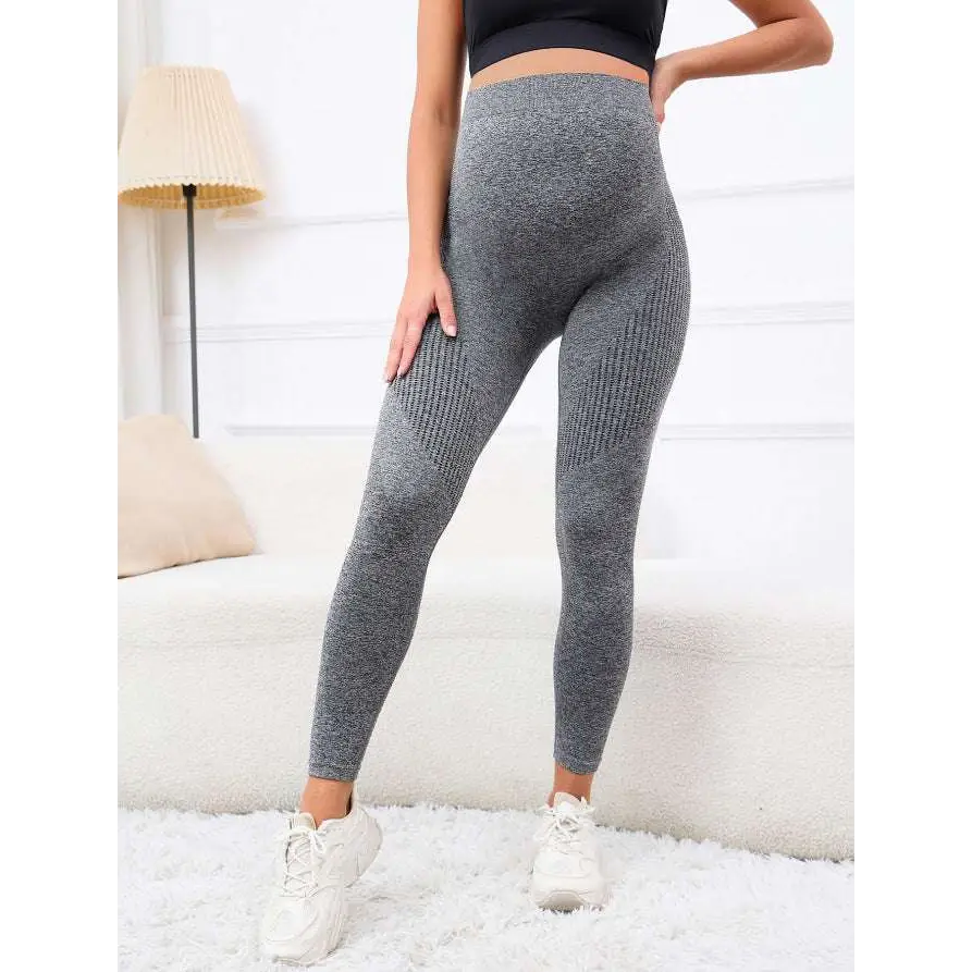 High-waisted gray ribbed maternity leggings with textured fabric and belly support high for pregnancy comfort