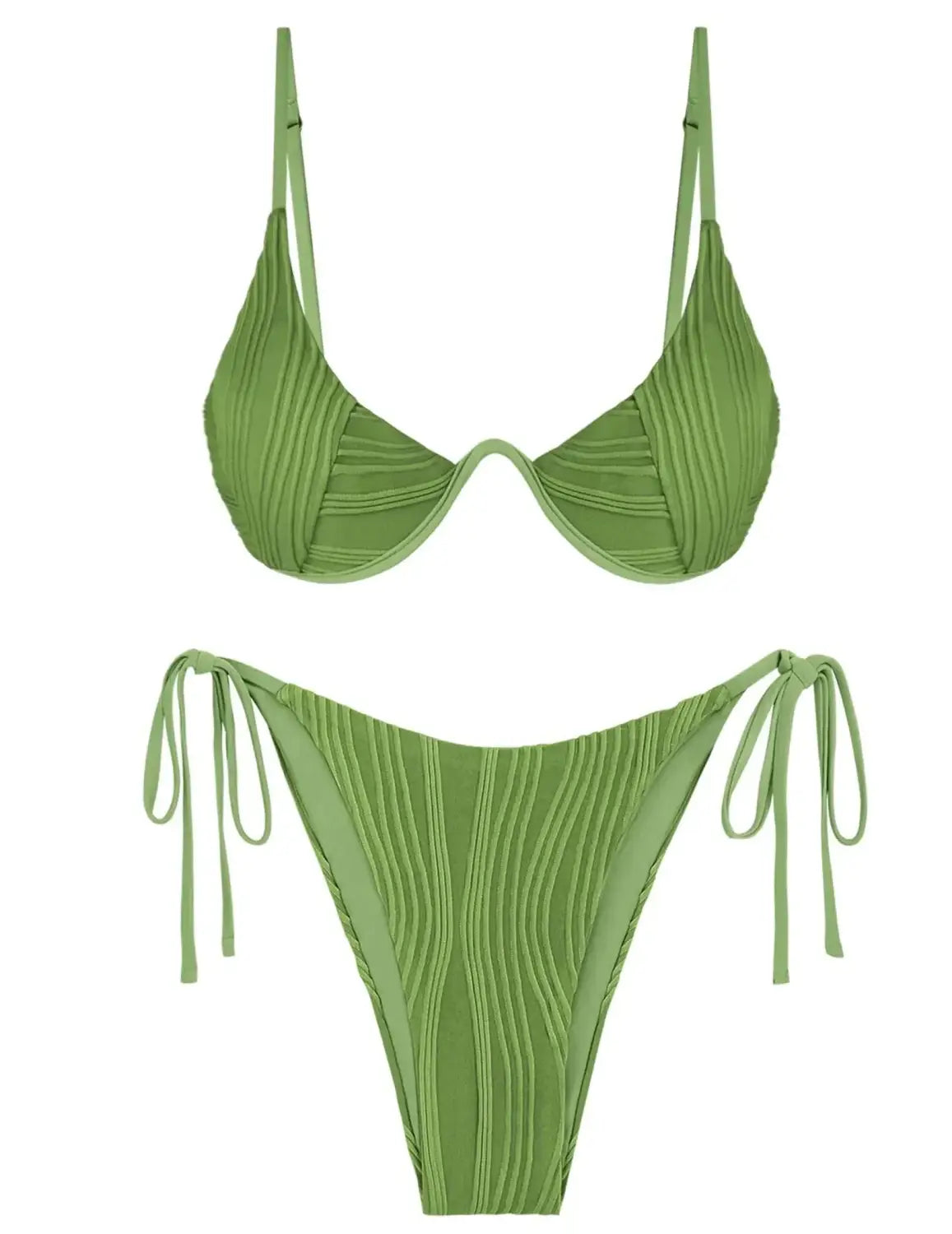 A ribbed olive green triangle bikini set featuring a triangle top and high-cut bottoms with side ties perfect for the best triangle bikini and high waist trends in 2026.