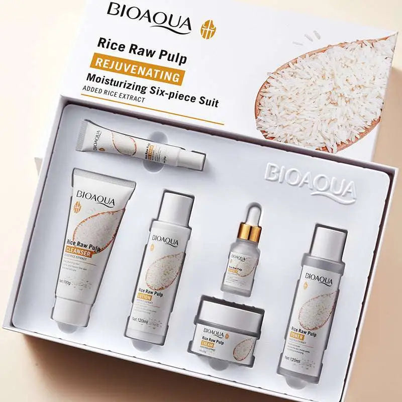 Bioaqua rice skin rejuvenation skincare set with six white and gold tubes including cleanser toner serum cream essence milk and eye cream for dark circles