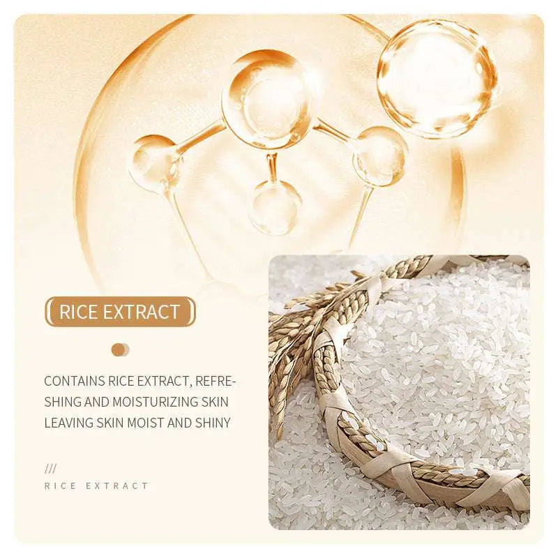 A beige woven band intricately braided around white rice grains highlighting rice skin rejuvenation essence milk for dark circles