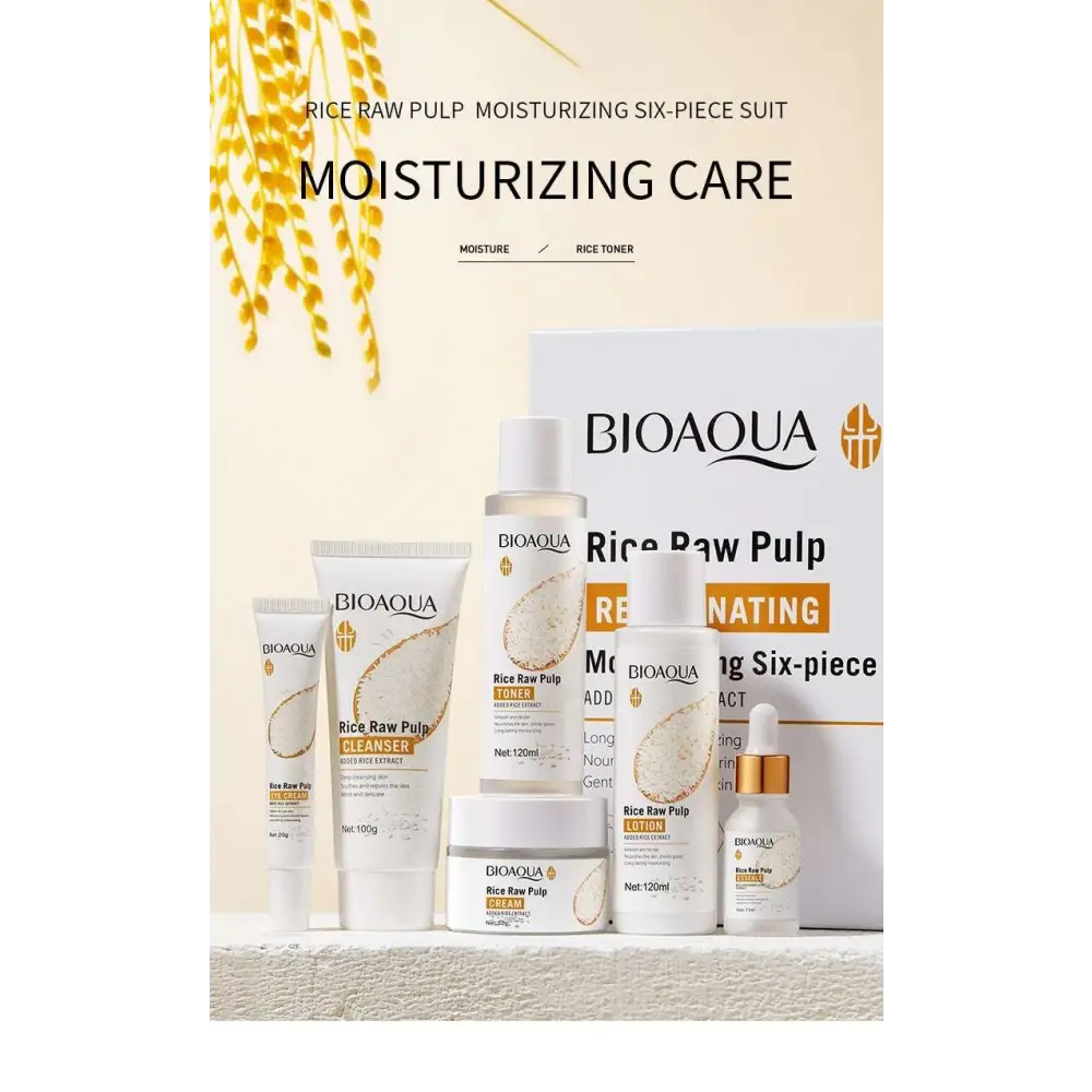 Bioaqua rice skin rejuvenation skincare set with white and gold bottles includes essence milk and eye cream for dark circles