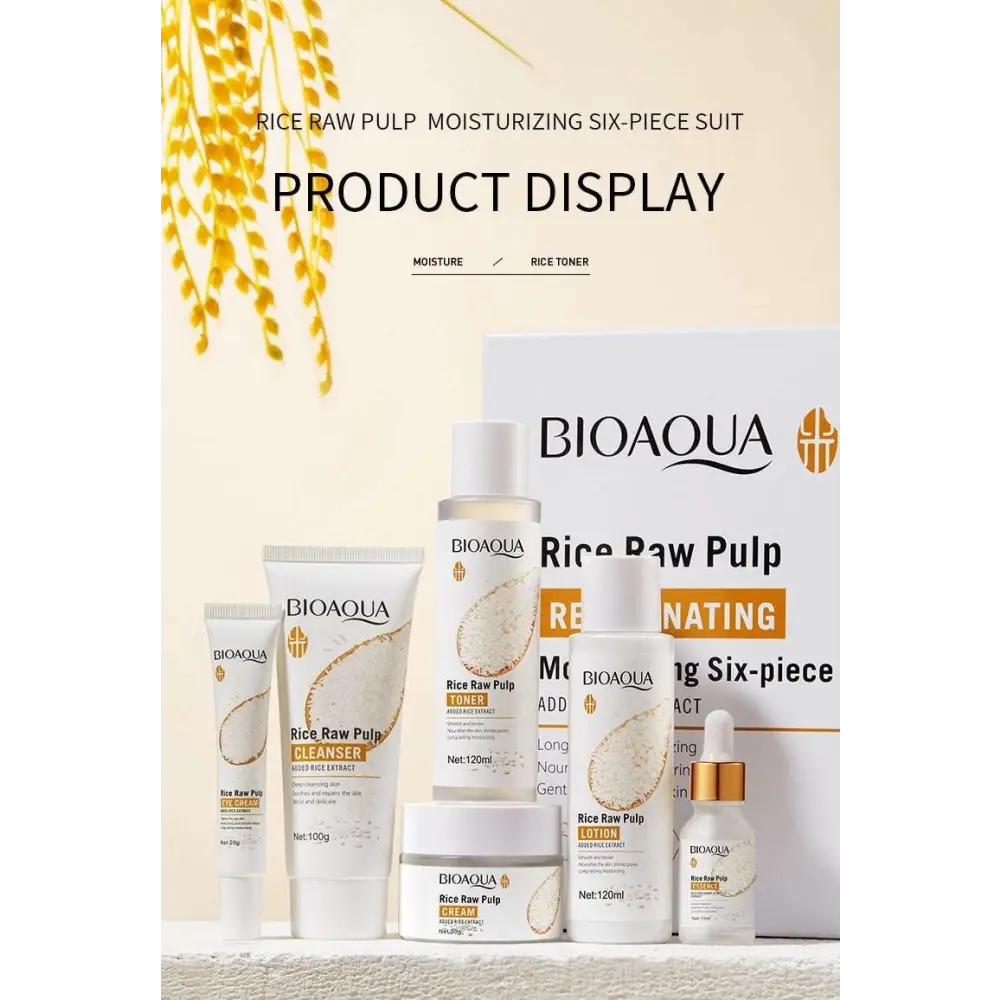 Bioaqua rice skin rejuvenation six-piece moisturizing set with white and gold bottles includes essence milk and eye cream for dark circles