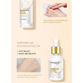 Clear glass bottle with gold dropper cap and rice grain label of bioaqua rice raw pulp essence milk for rice skin rejuvenation and dark circles