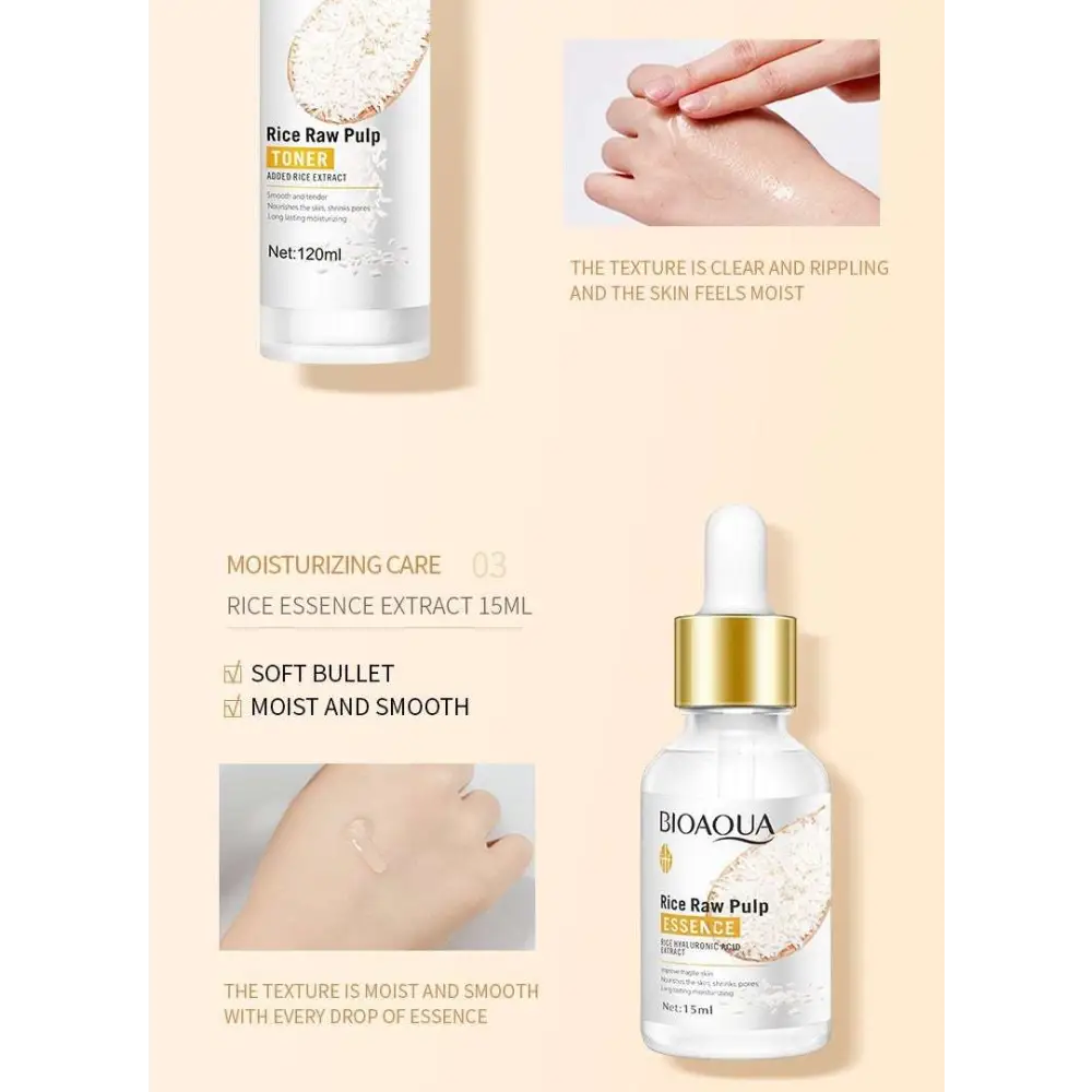 Clear glass bottle with gold dropper cap and rice grain label of bioaqua rice raw pulp essence milk for rice skin rejuvenation and dark circles