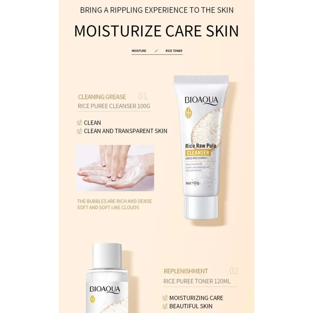 White tube of bioaqua rice raw pulp cleanser with gold logo and rice design for rice skin rejuvenation and dark circles