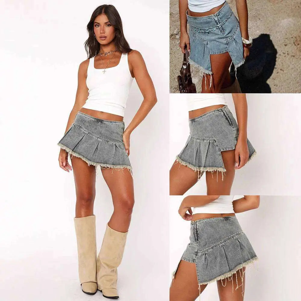 A blue denim skirt with an irregular pleated design and distressed frayed hem in a mini flare style