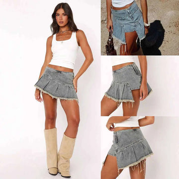 A blue denim skirt with an irregular pleated design and distressed frayed hem in a mini flare style