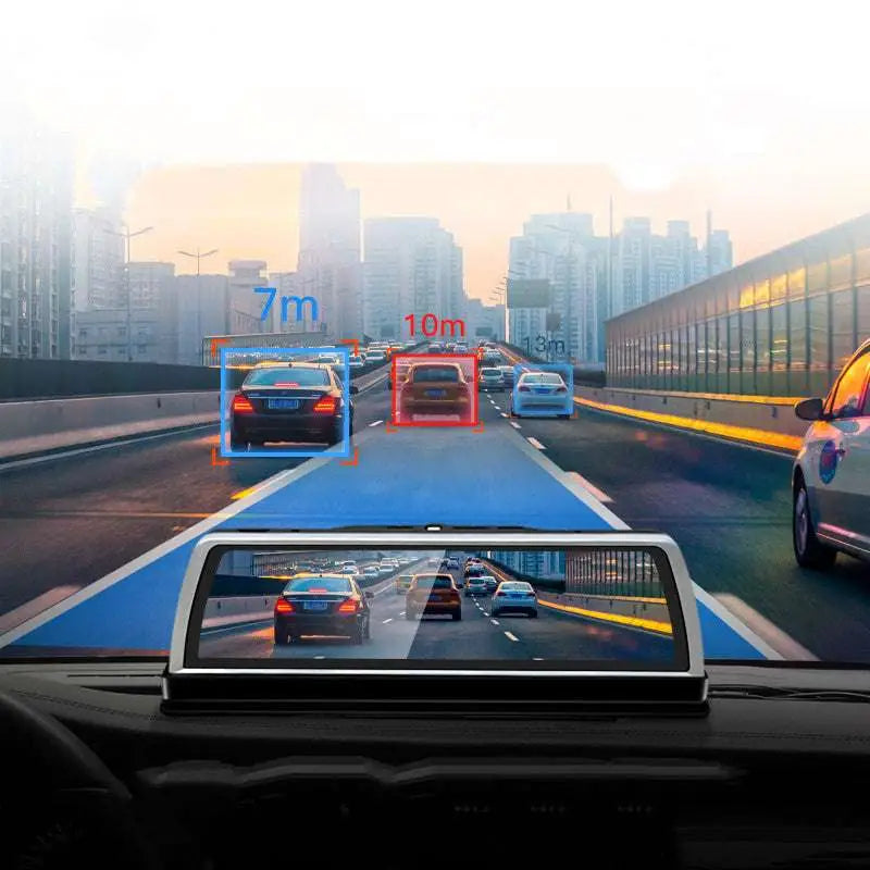 A sleek rectangular rearview mirror in the road detective k500 console streaming dash cam with ar lane assistance display