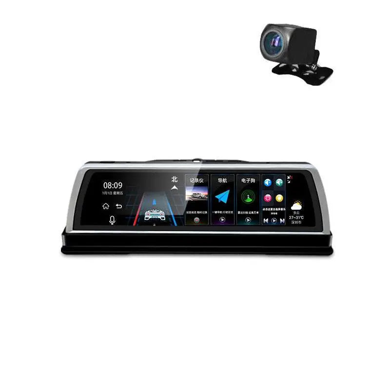 A sleek modern road detective k500 console streaming dash with curved touchscreen showing navigation and media controls