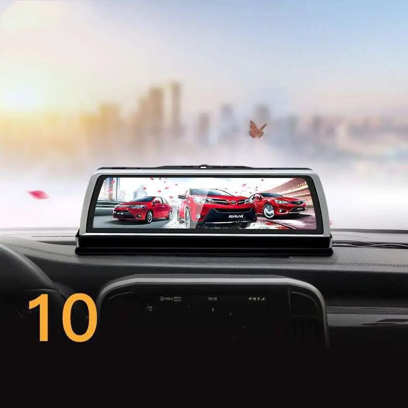 Black-framed road detective k500 rearview mirror with integrated touchscreen streaming dash cam displaying red toyota rav4s
