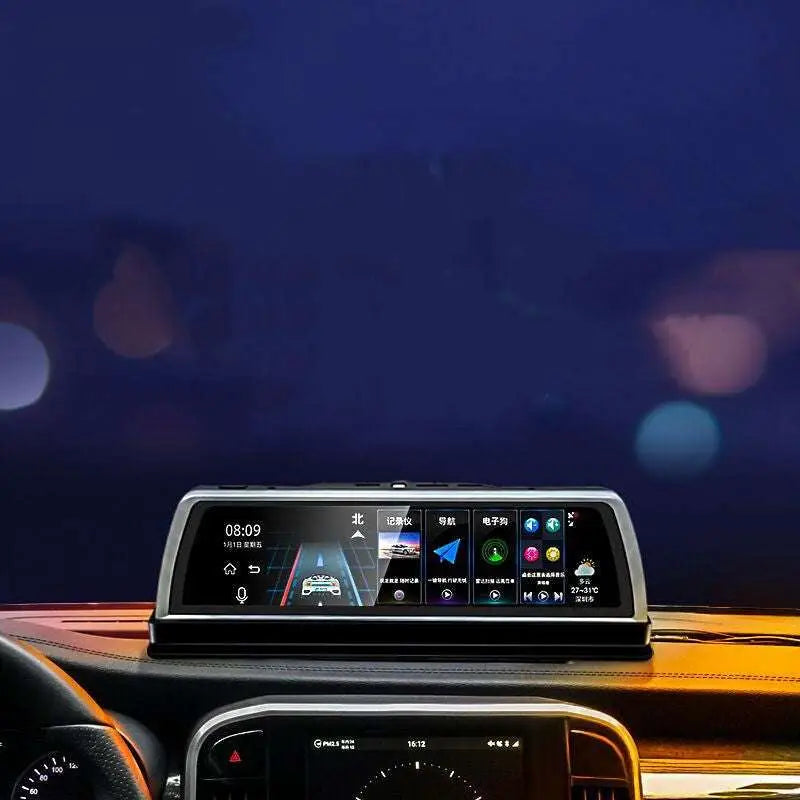 A sleek modern road detective k500 console streaming dash with curved touchscreen showing navigation and media controls