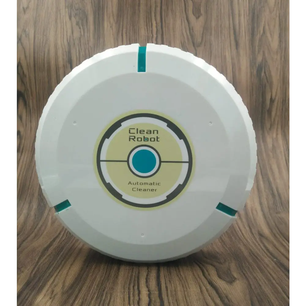 White circular robot household automatic sweeping machine with teal accents and central clean robot automatic cleaner label