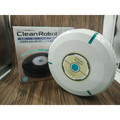 White circular robot household automatic sweeping machine with teal accents and a central clean robot logo