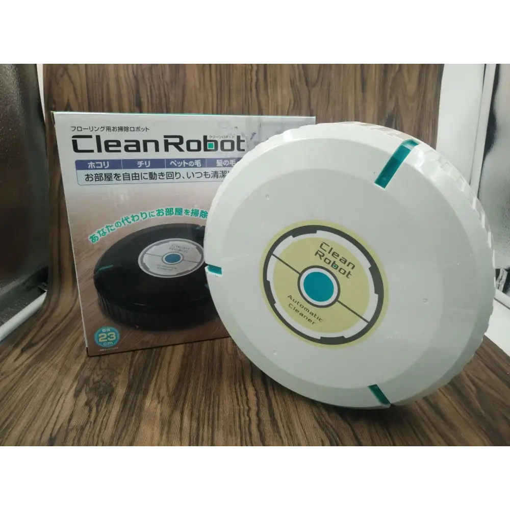 White circular robot household automatic sweeping machine with teal accents and a central clean robot logo
