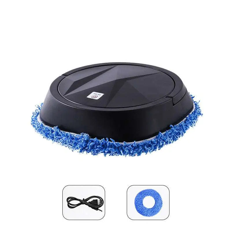 Black circular robot lazy home smart mopping machine with blue microfiber pad for efficient floor cleaning