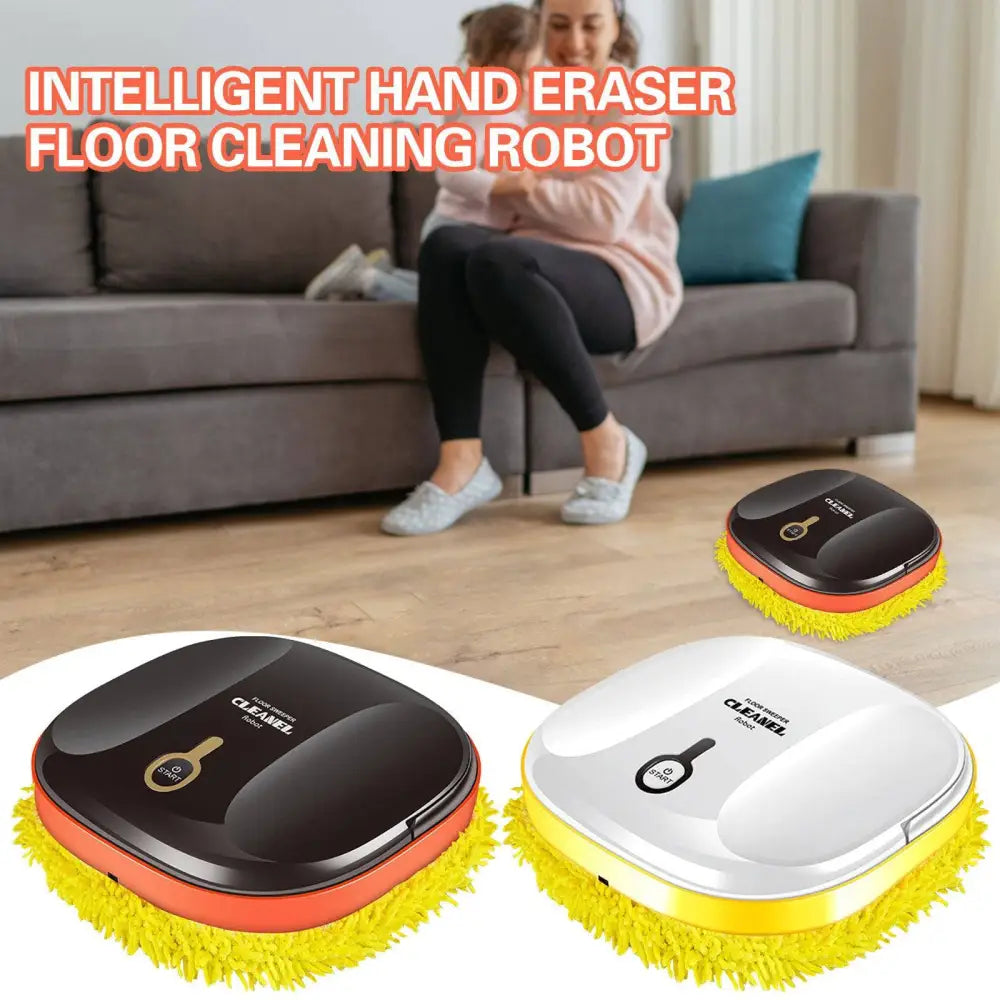 Robot lazy home smart mopping machine with black and white body and bright yellow microfiber edges for efficient floor cleaning