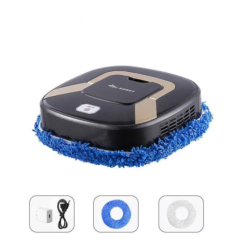 Robot lazy home smart mopping machine black and gold with blue microfiber pad for efficient floor cleaning