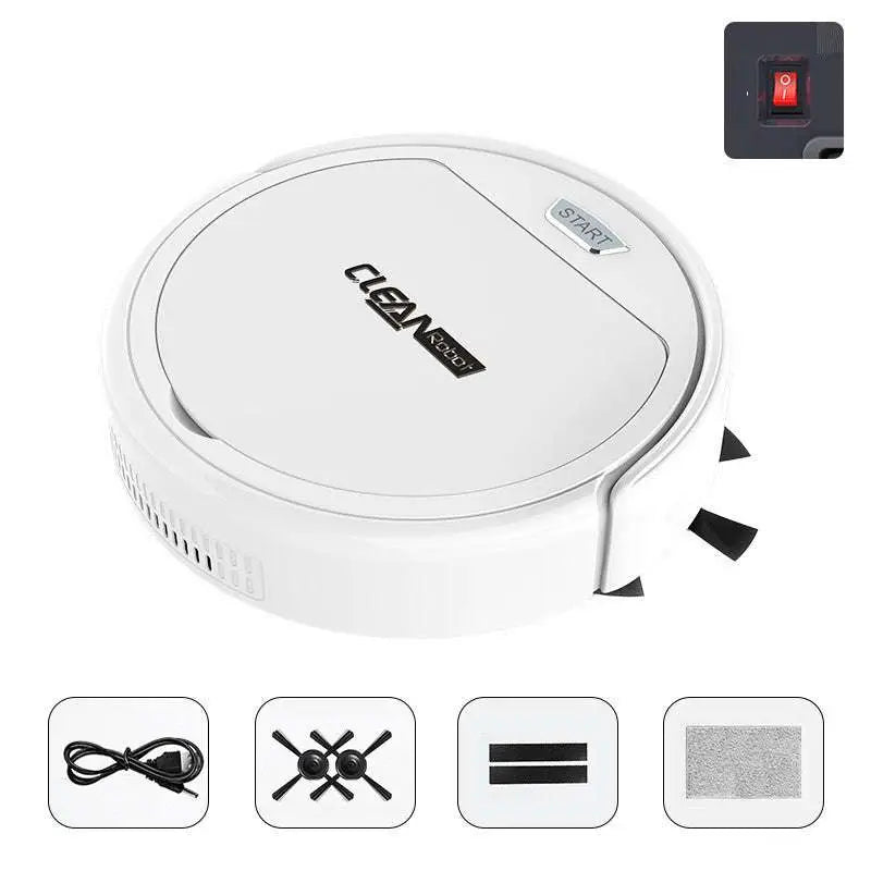 White circular robot lazy home smart mopping machine with clean robot branding and silver start button for efficient floor cleaning