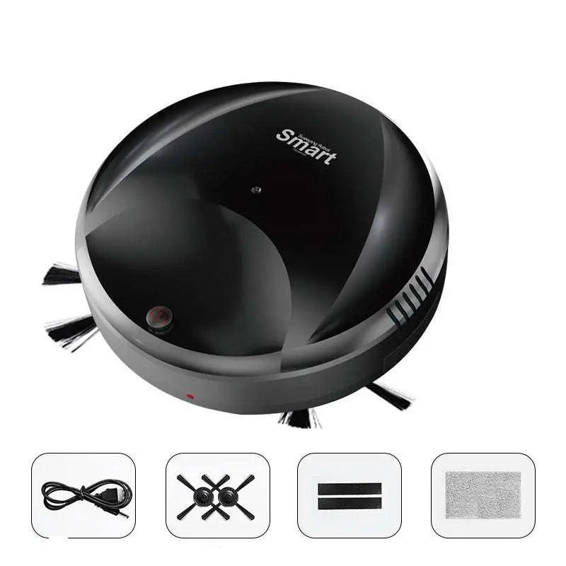 Black glossy robot lazy home smart mopping machine with sleek circular design and efficient floor cleaning brushes visible