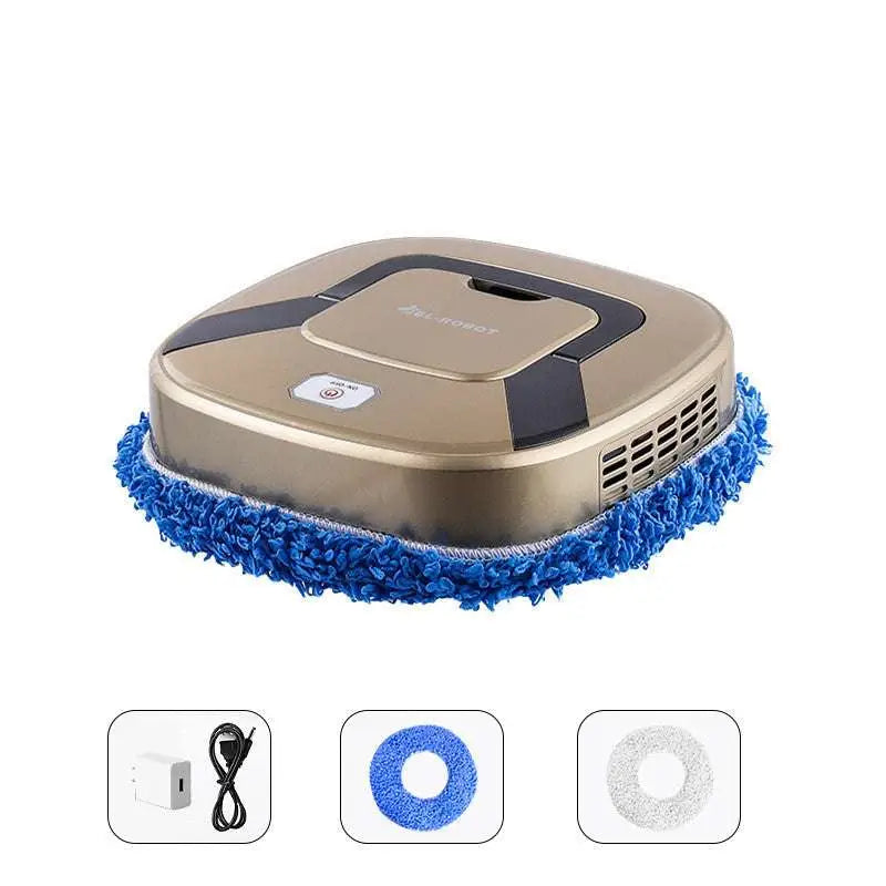 Gold-colored robot lazy home smart mopping machine with blue microfiber pad for efficient floor cleaning