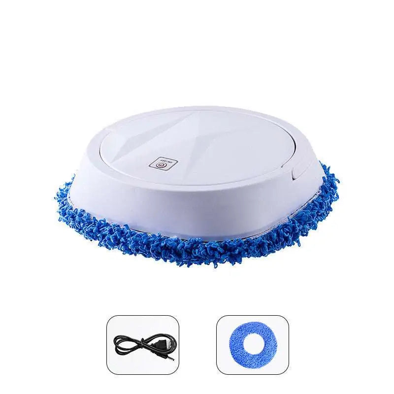 White circular robot lazy home smart mopping machine with blue microfiber cleaning pad for efficient floor cleaning