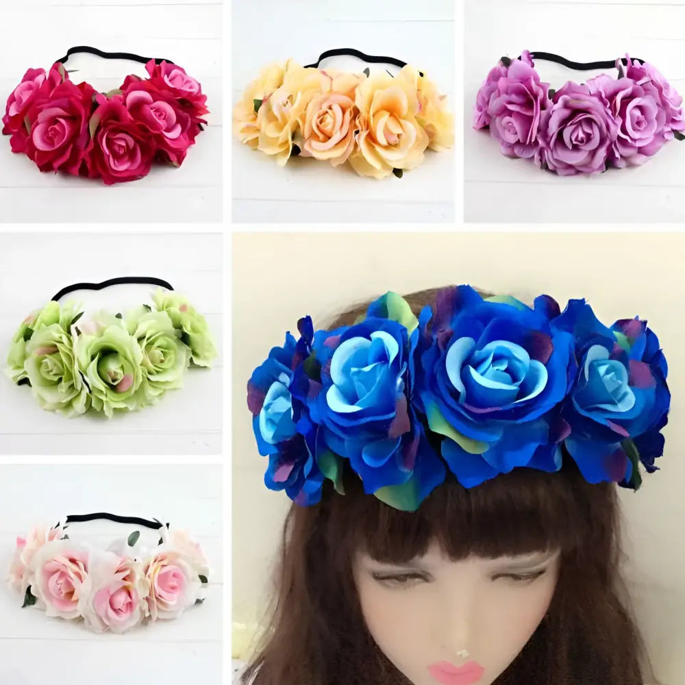 A blue floral rose headband with layered fabric roses green accents and a black elastic band from rose color package