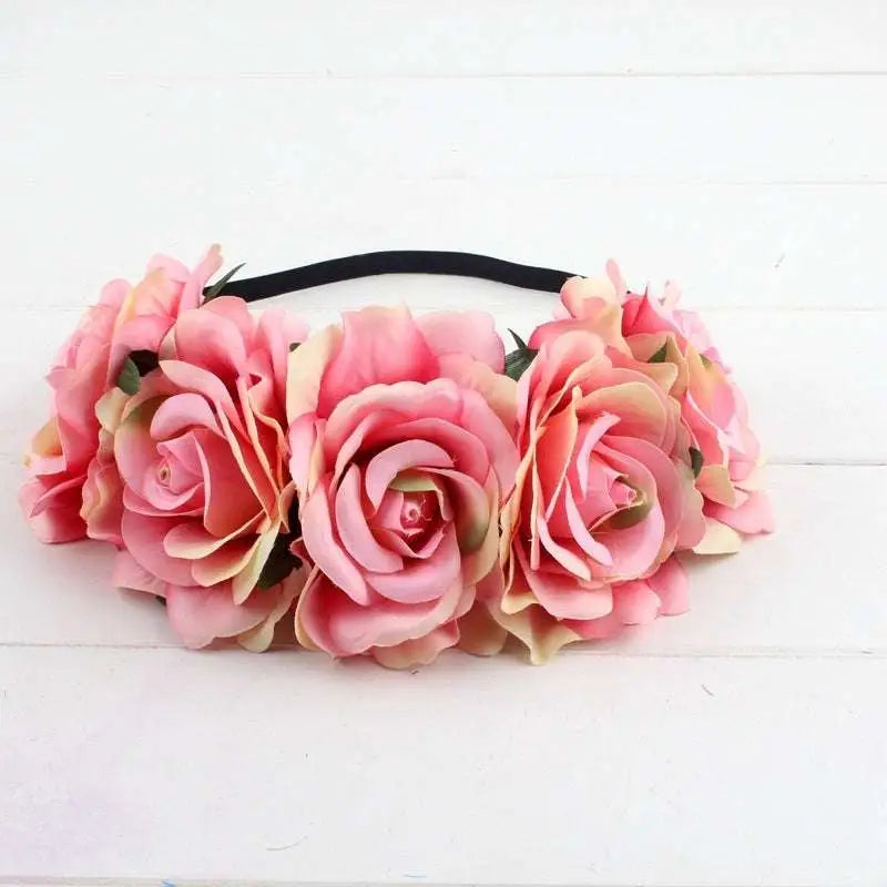 Delicate pink and peach floral rose headband featuring three large layered roses from the rose color package blue floral rose collection