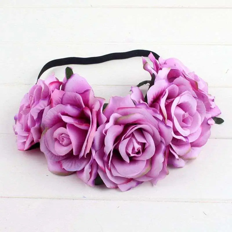 Delicate pink floral rose headband with artificial roses and black elastic band in rose color package blue floral rose style