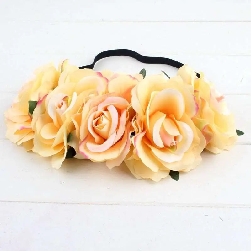 Delicate floral rose headband from rose color package with soft peach cream roses and blue floral rose accents