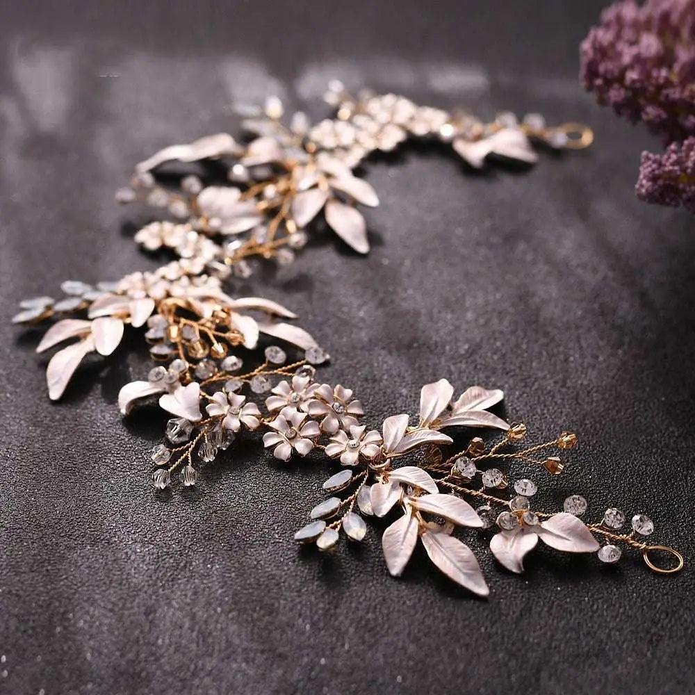 Delicate rose gold floral hair accessories featuring silver and gold-toned alloy crystals japan with metallic leaves