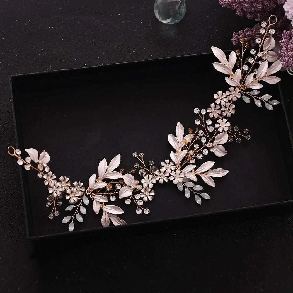 Elegant floral hair accessories in delicate rose gold alloy crystals japan with pale pink vine and clear crystal details