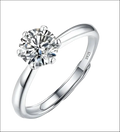 A sleek silver sterling silver ring featuring a brilliant-cut diamond solitaire held in six prongs