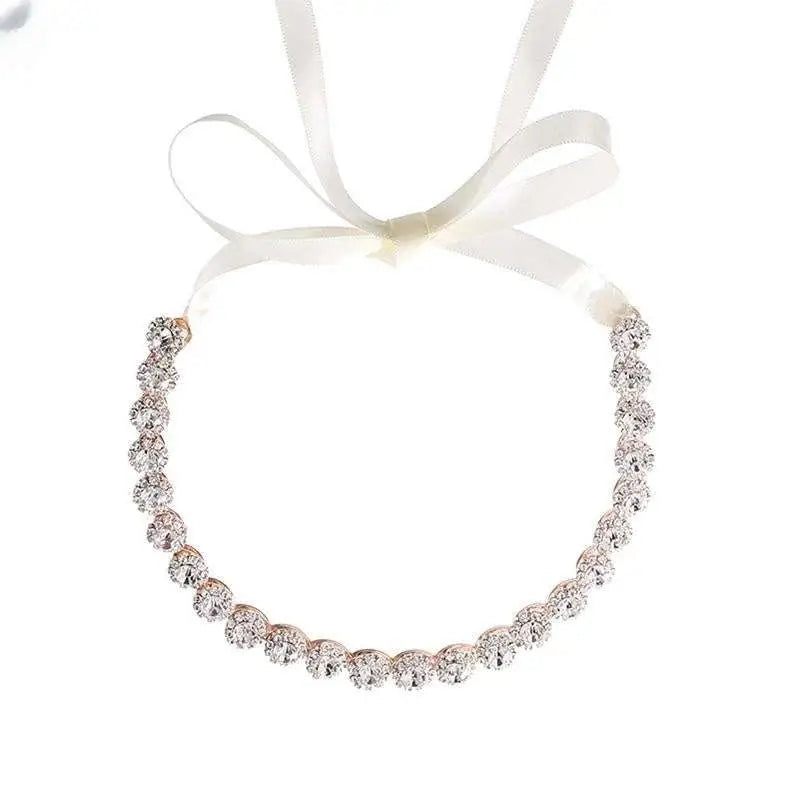 Rose gold bridal rhinestone sunflower hair band with clear crystals and white satin ribbon for wedding wear