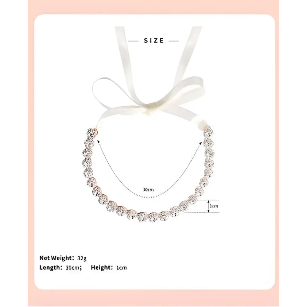 A delicate silver choker necklace with sparkling rhinestones and white satin ribbon complementing a bridal rhinestone sunflower hair band