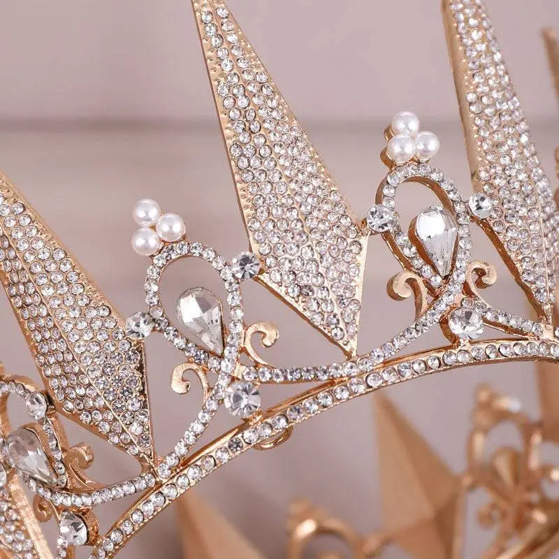 A rose gold crystal big crown wedding headdress with sparkling clear rhinestones and pearl accents for brides