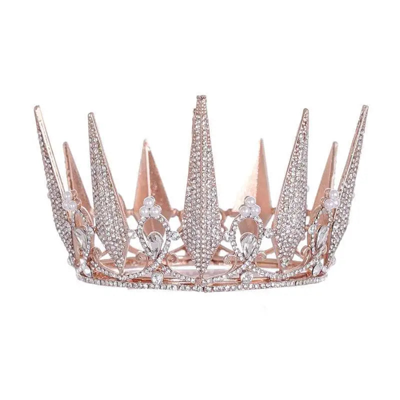 Rose gold crystal big crown wedding headdress adorned with sparkling rhinestones and delicate pearl accents
