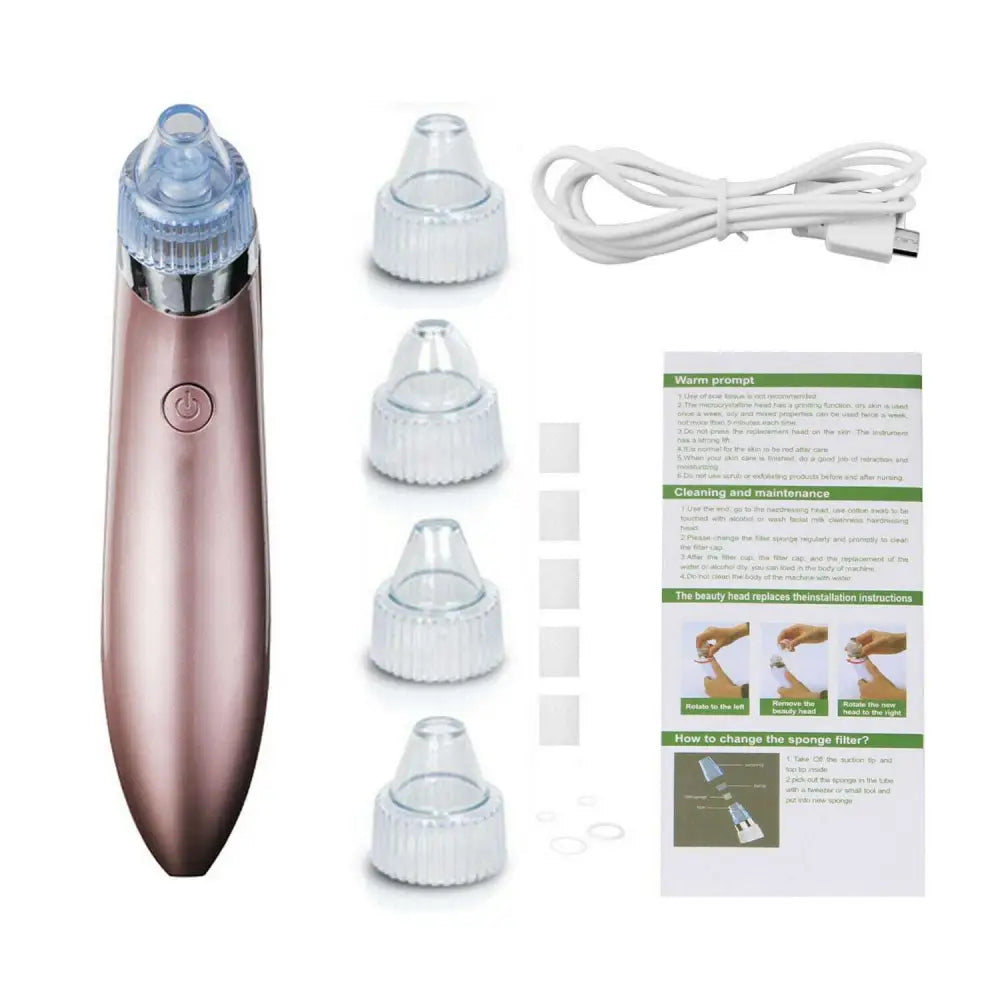 Rose gold electric blackhead vacuum with strong suction featuring circular hole head and interchangeable silicone attachments for blood circulation