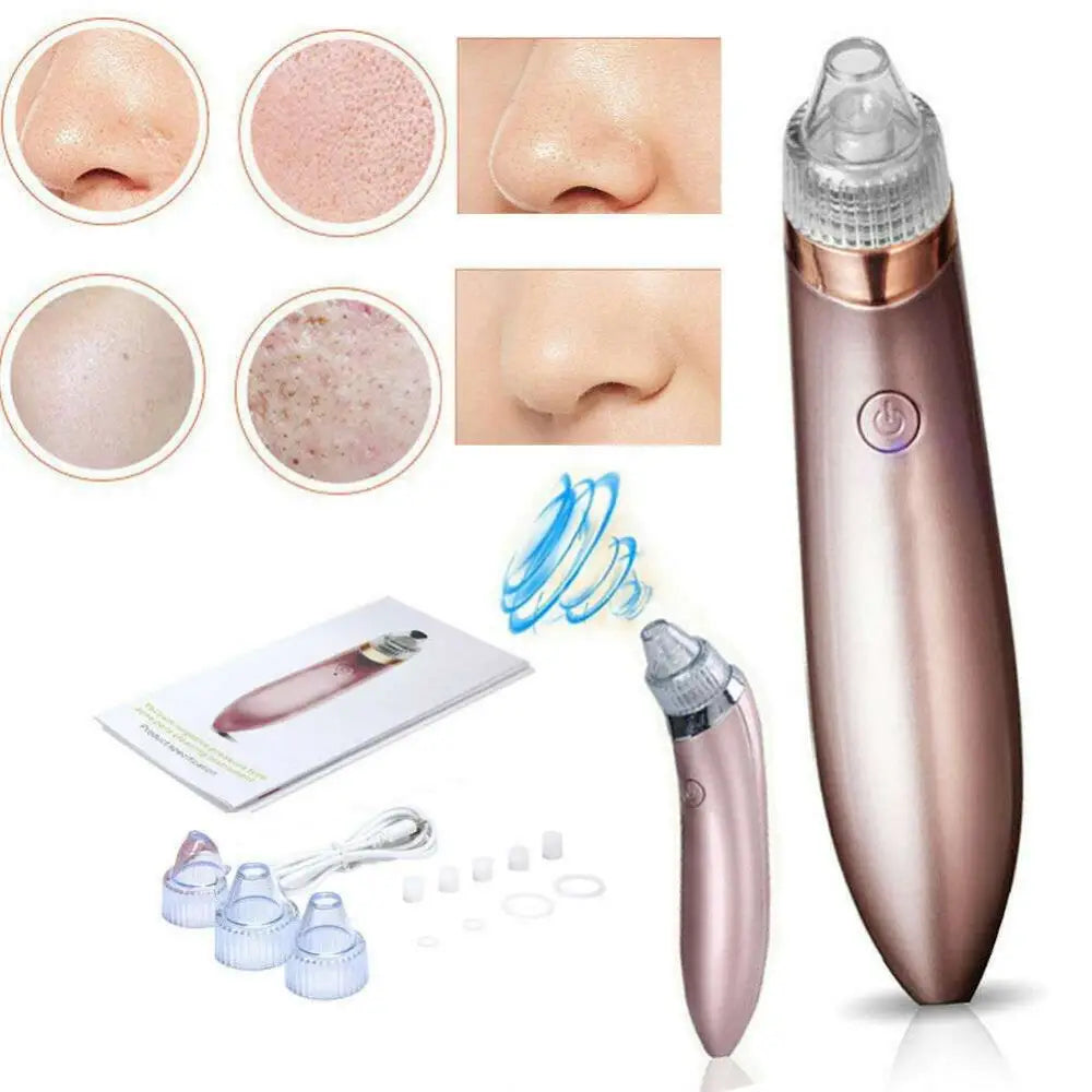 Rose gold electric blackhead vacuum with strong suction features clear plastic tip, circular hole head, and boosts blood circulation