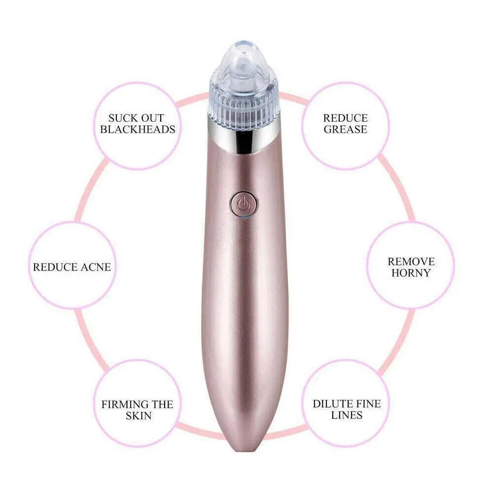 Rose gold electric blackhead vacuum with strong suction featuring a clear circular hole head and silver accent ring for blood circulation