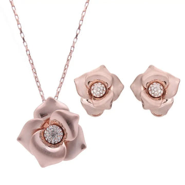Rose gold flower trade goods bride wedding jewelry set featuring necklace and earrings with sparkling crystal centers