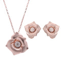 Rose gold flower trade goods bride wedding jewelry set featuring pave diamond center necklace and matching stud earrings