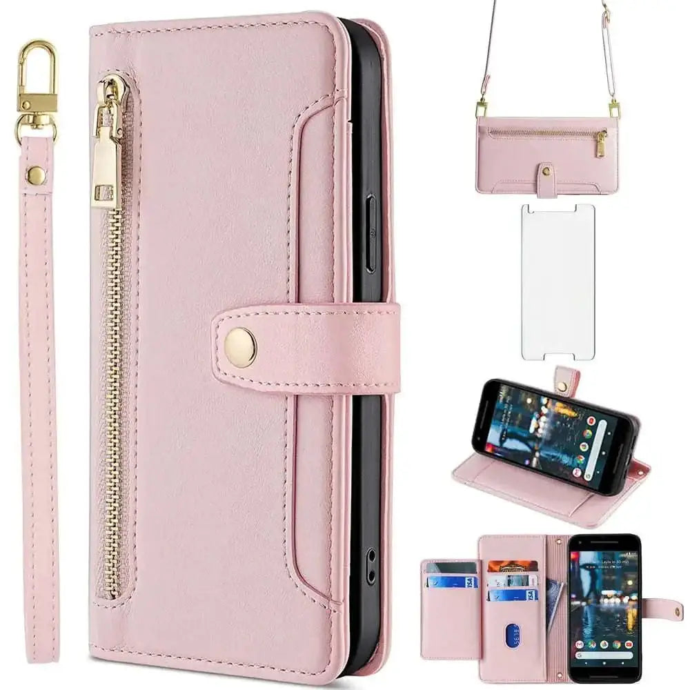 Rose gold google pixel 2 wallet phone case in pink faux leather with gold-tone zipper and snap button closure