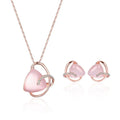 Rose gold heart pendant necklace with pink jade earrings featuring diamond accents in a two piece set