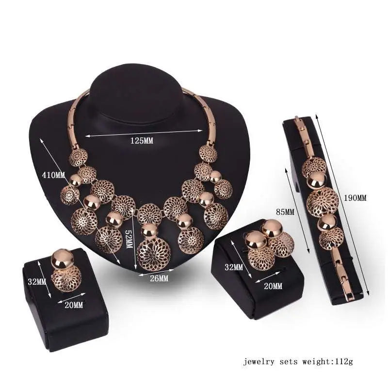 Rose gold korean fashion bride jewelry set featuring a necklace with intricate floral-patterned discs and polished spheres