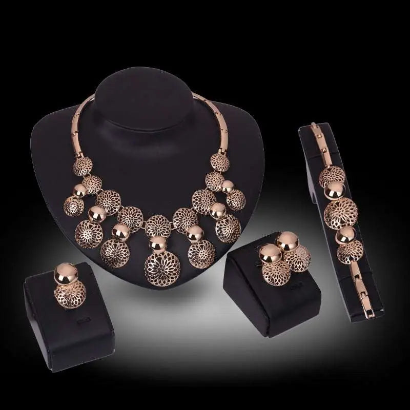 Rose gold korean fashion bride jewelry set with intricate floral filigree on spherical beads and links