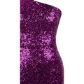 A shimmering rose gold ombre one shoulder fishtail sequin evening dress with densely packed purple sequins catching light
