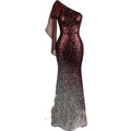 Rose gold ombre fishtail sequin evening dress featuring a shimmering burgundy-to-silver one shoulder design with sheer drape
